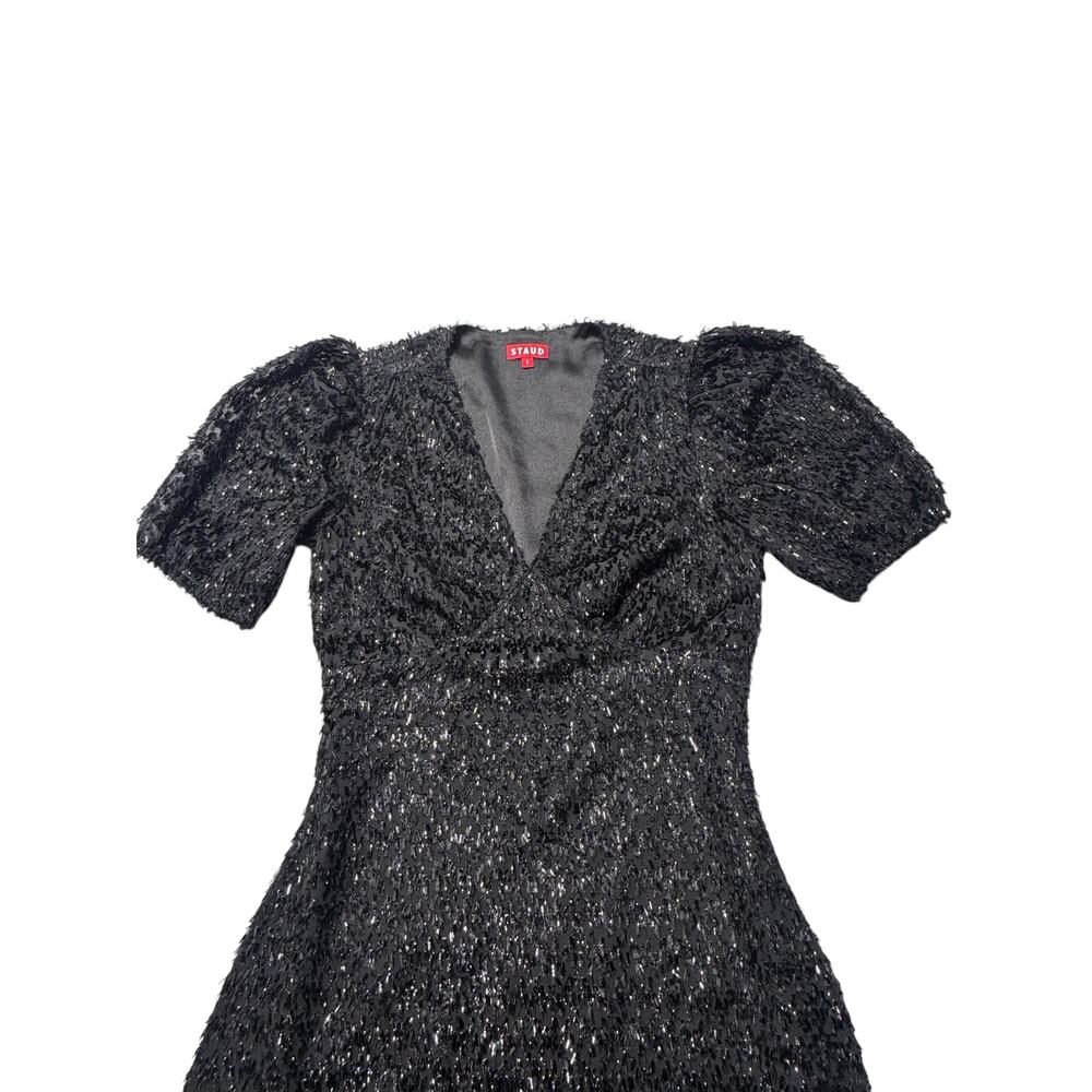 Staud Mini Dress Womens 8 Black Textured Tinsel Fringe Puff Sleeve Lined Modern - Picture 6 of 11